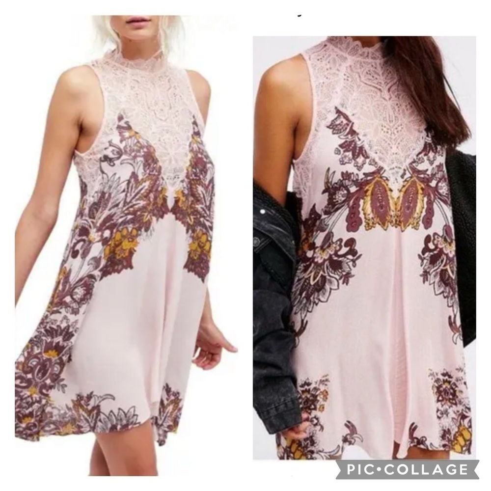FREE PEOPLE Marsha Lace Printed Slip Dress Blush Pink XS